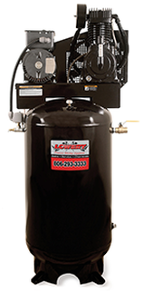 Stationary 80 gallon vertical powder coated air compressor with 18 cubic feet per minute/175 pounds per square inch and an industrial 5 horse power 230 volt 23 amp single phase electric motor